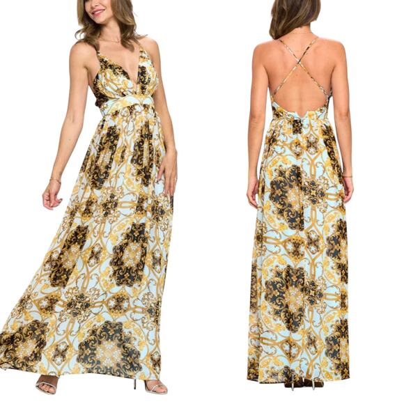 Powder Blue Gold Chiffon Baroque Sleeveless Open Back V-Neck Maxi Dress SM New - Picture 1 of 15